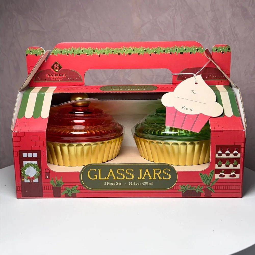 Gourmet Kitchen Glass Cupcake Jars Set - Red, Green, and Gold